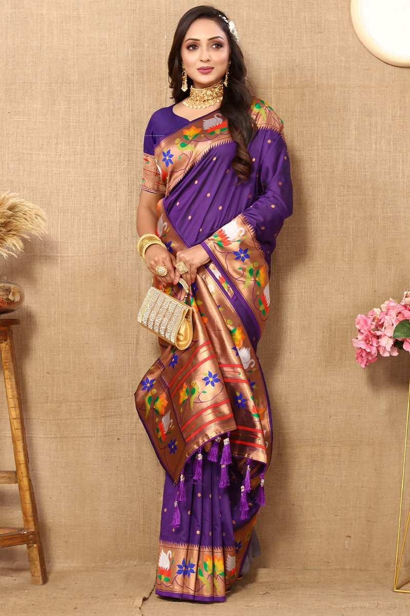 Proficient Royal Purple Paithani Silk Saree With Enchanting Blouse Piece