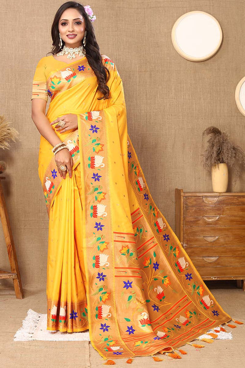 Load image into Gallery viewer, Denouement Yellow Paithani Silk Saree With Quintessential Blouse Piece
