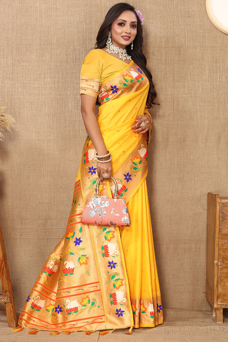 Denouement Yellow Paithani Silk Saree With Quintessential Blouse Piece