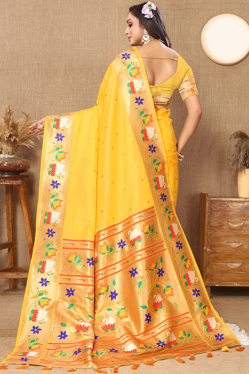 Load image into Gallery viewer, Denouement Yellow Paithani Silk Saree With Quintessential Blouse Piece
