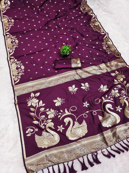 Gleaming Wine Pure Zari Weaving Banarasi Silk Saree With Woebegone Blouse Piece