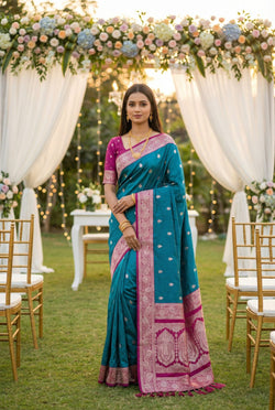 Assemblage Rama Pure Zari Weaving Banarasi Silk Saree With Panoply Blouse Piece