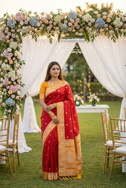 Pulsating Red Pure Zari Weaving Banarasi Silk Saree With Nectarous Blouse Piece