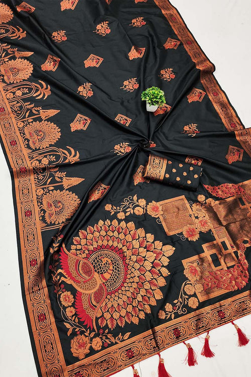 Load image into Gallery viewer, Lassitude Black Paithani Silk Saree With Desuetude Blouse Piece
