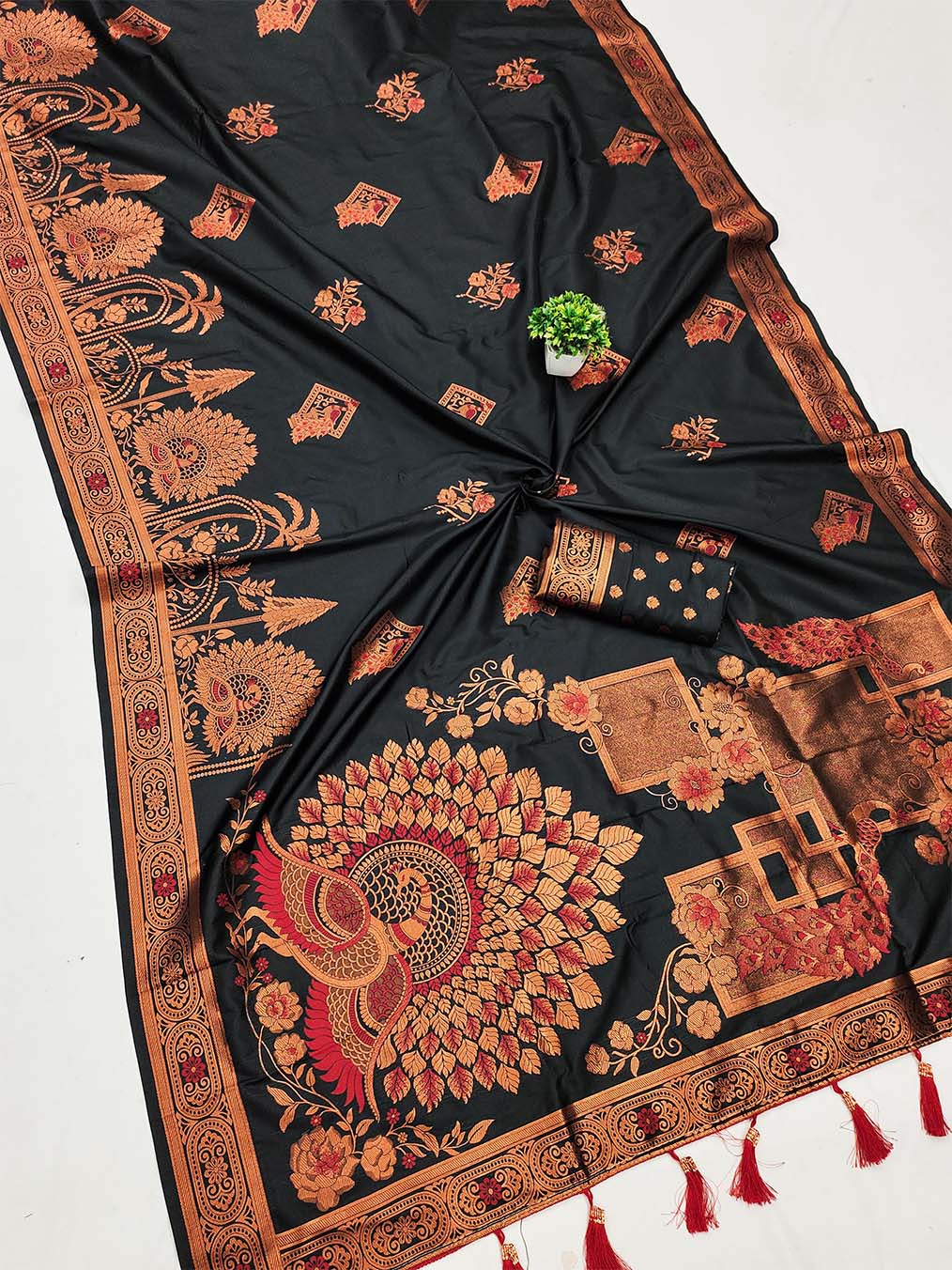 Lassitude Black Paithani Silk Saree With Desuetude Blouse Piece