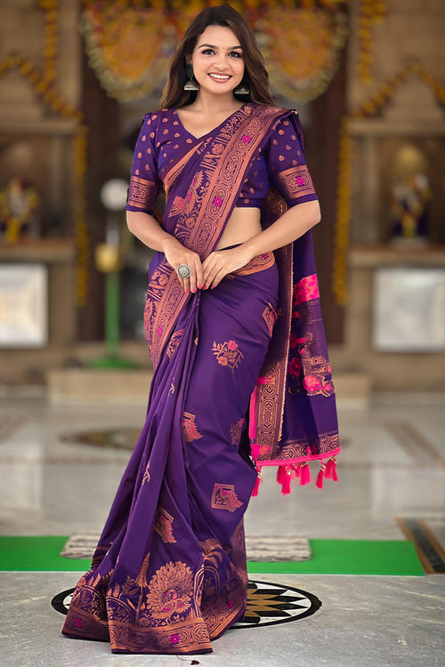 Load image into Gallery viewer, Hypnotic Purple Paithani Silk Saree With Intricate Blouse Piece
