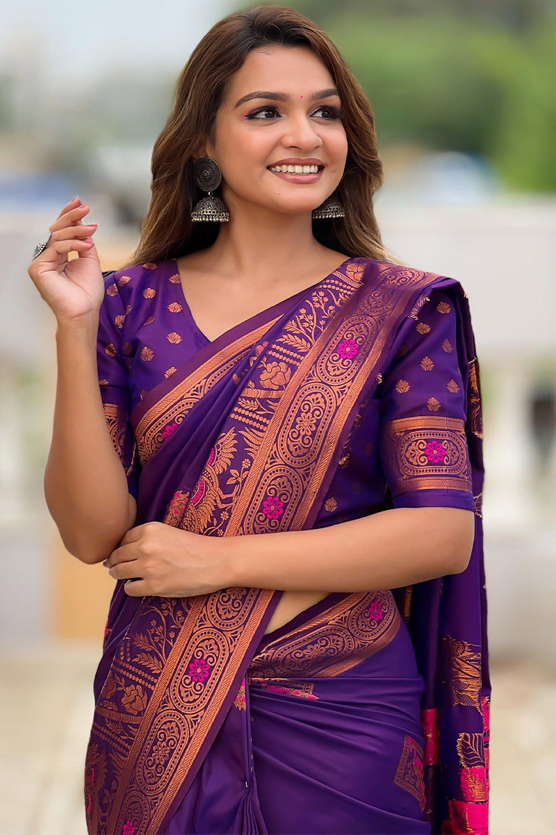 Hypnotic Purple Paithani Silk Saree With Intricate Blouse Piece