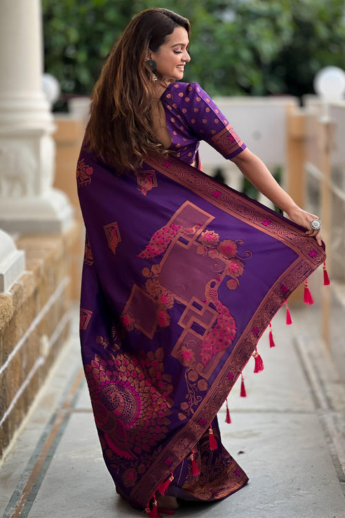 Load image into Gallery viewer, Hypnotic Purple Paithani Silk Saree With Intricate Blouse Piece
