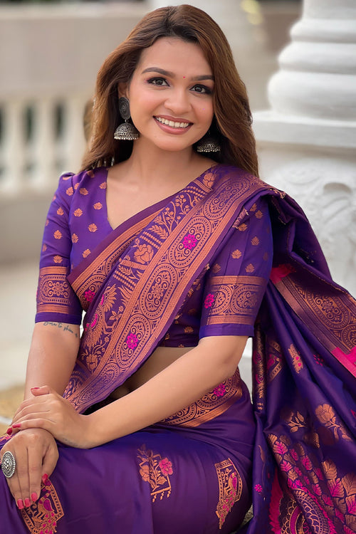 Load image into Gallery viewer, Hypnotic Purple Paithani Silk Saree With Intricate Blouse Piece
