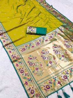 Vivacious Mehndi Paithani Silk Saree With Groovy Blouse Piece