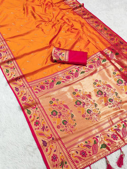 Sonorous Orange Paithani Silk Saree With Demure Blouse Piece