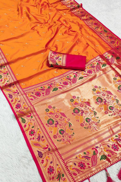 Sonorous Orange Paithani Silk Saree With Demure Blouse Piece