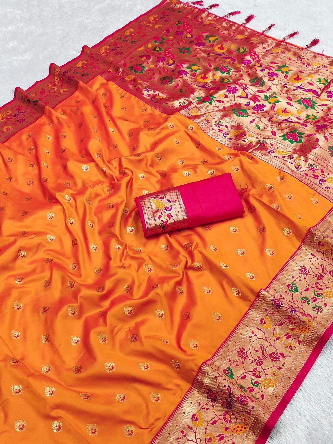 Denouement Orange Paithani Silk Saree With Flattering Blouse Piece