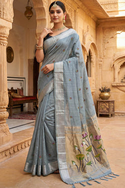 Efflorescence Grey Pure Munga Cotton Silk Saree With Redolent Blouse Piece