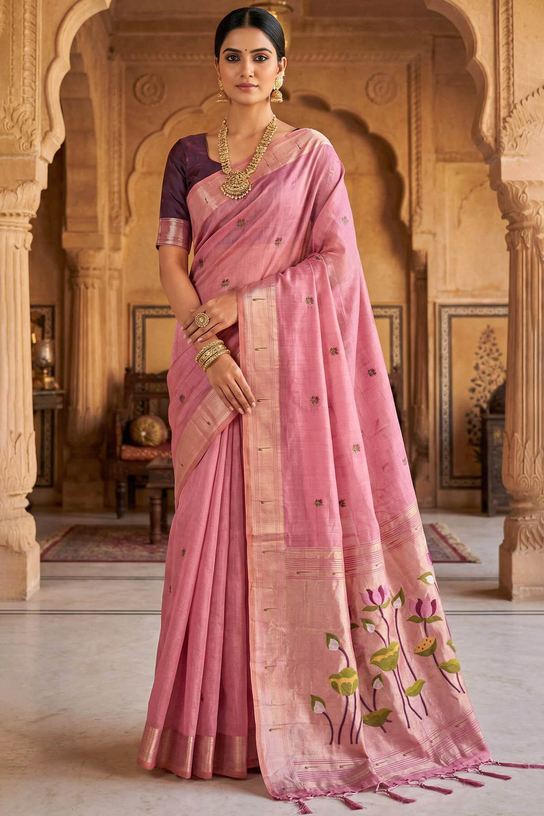Vibrant Pink Pure Munga Cotton Silk Saree With Chatoyant Blouse Piece