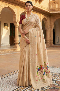 Exemplary Beige Munga Cotton Paithani Silk Saree With Nectarous Blouse Piece