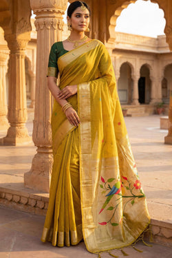 Majestic Yellow Munga Cotton Paithani Silk Saree With Grandiose Blouse Piece