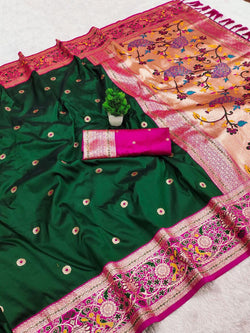Desirable Dark Green Paithani Silk Saree With Panache Blouse Piece