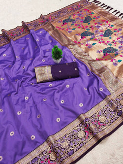 Cynosure Lavender Paithani Silk Saree With Glittering Blouse Piece