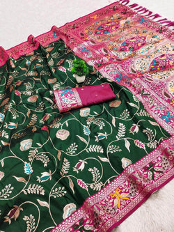 Marvellous Dark Green Paithani Silk Saree With Diaphanous Blouse Piece