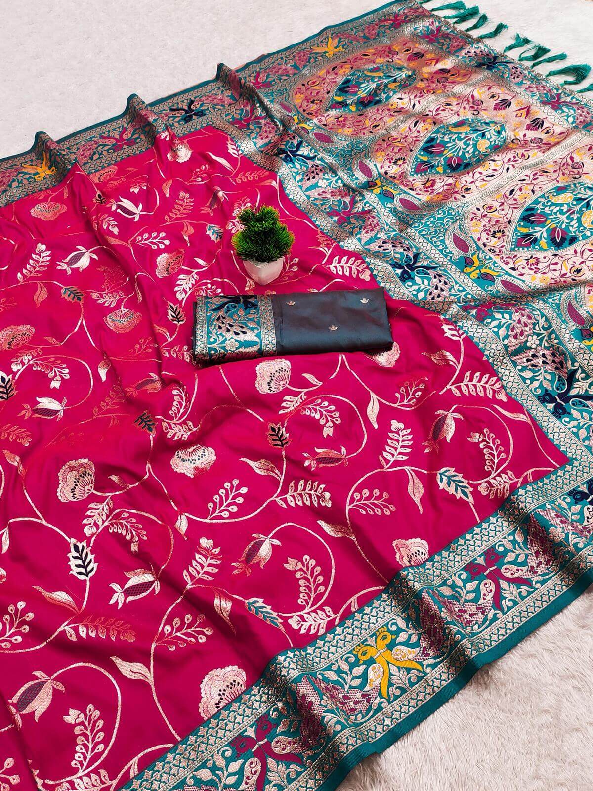 Glamorous Dark Pink Paithani Silk Saree With Twirling Blouse Piece