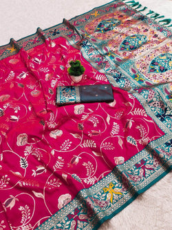 Glamorous Dark Pink Paithani Silk Saree With Twirling Blouse Piece