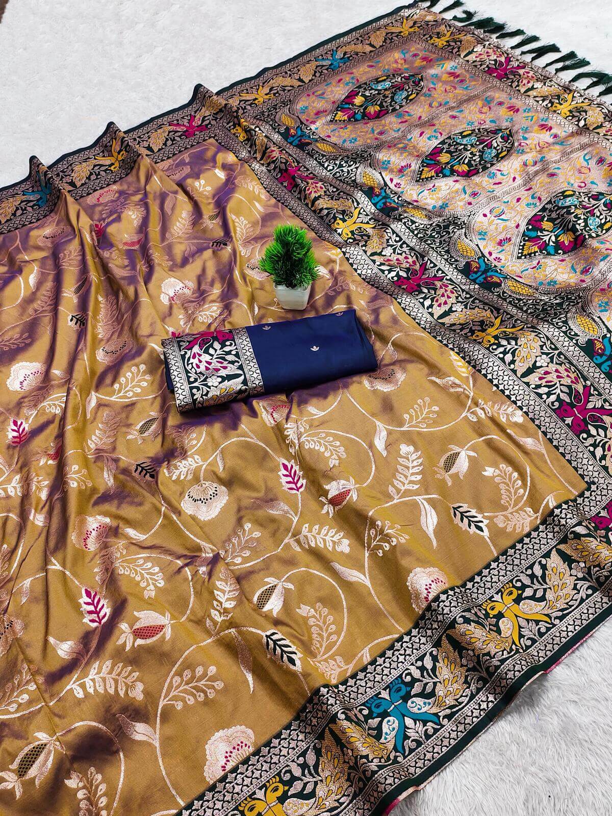 Embellished Mustard Paithani Silk Saree With Fairytale Blouse Piece