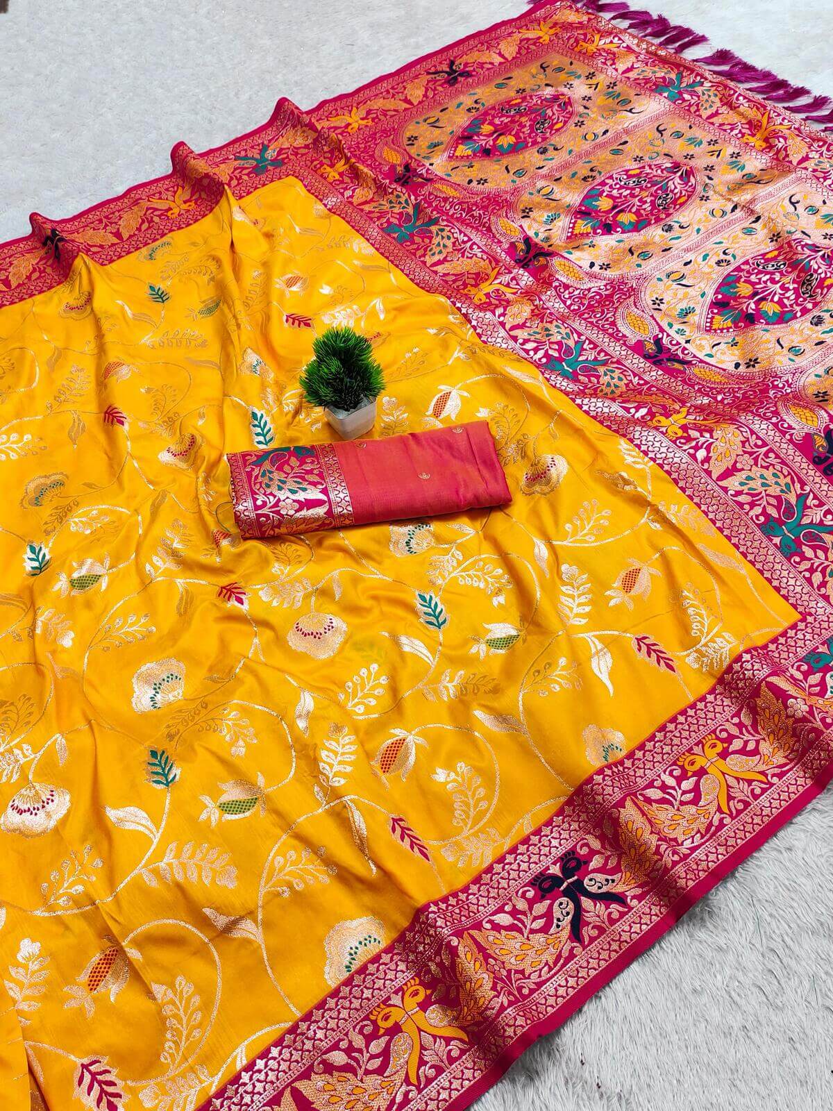 Ethnic Yellow Paithani Silk Saree With Ailurophile Blouse Piece
