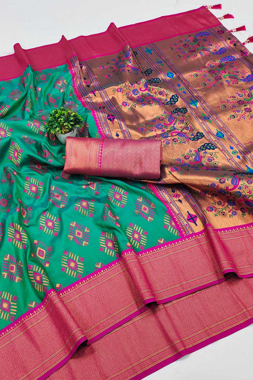 Load image into Gallery viewer, Engrossing Sea Green Paithani Silk Saree With Radiant Blouse Piece
