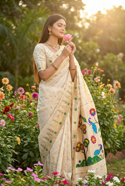 Confounding Beige Paithani Silk Saree With Whimsical Blouse Piece