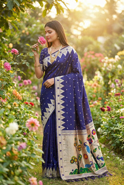 Tremendous Navy Blue Paithani Silk Saree With Breathtaking Blouse Piece