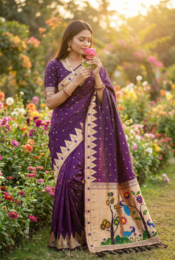 Trendy Purple Paithani Silk Saree With Conflate Blouse Piece