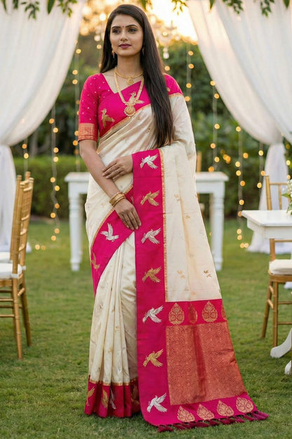 Conflate Beige Pure Zari Weaving Banarasi Silk Saree With Jubilant Blouse Piece