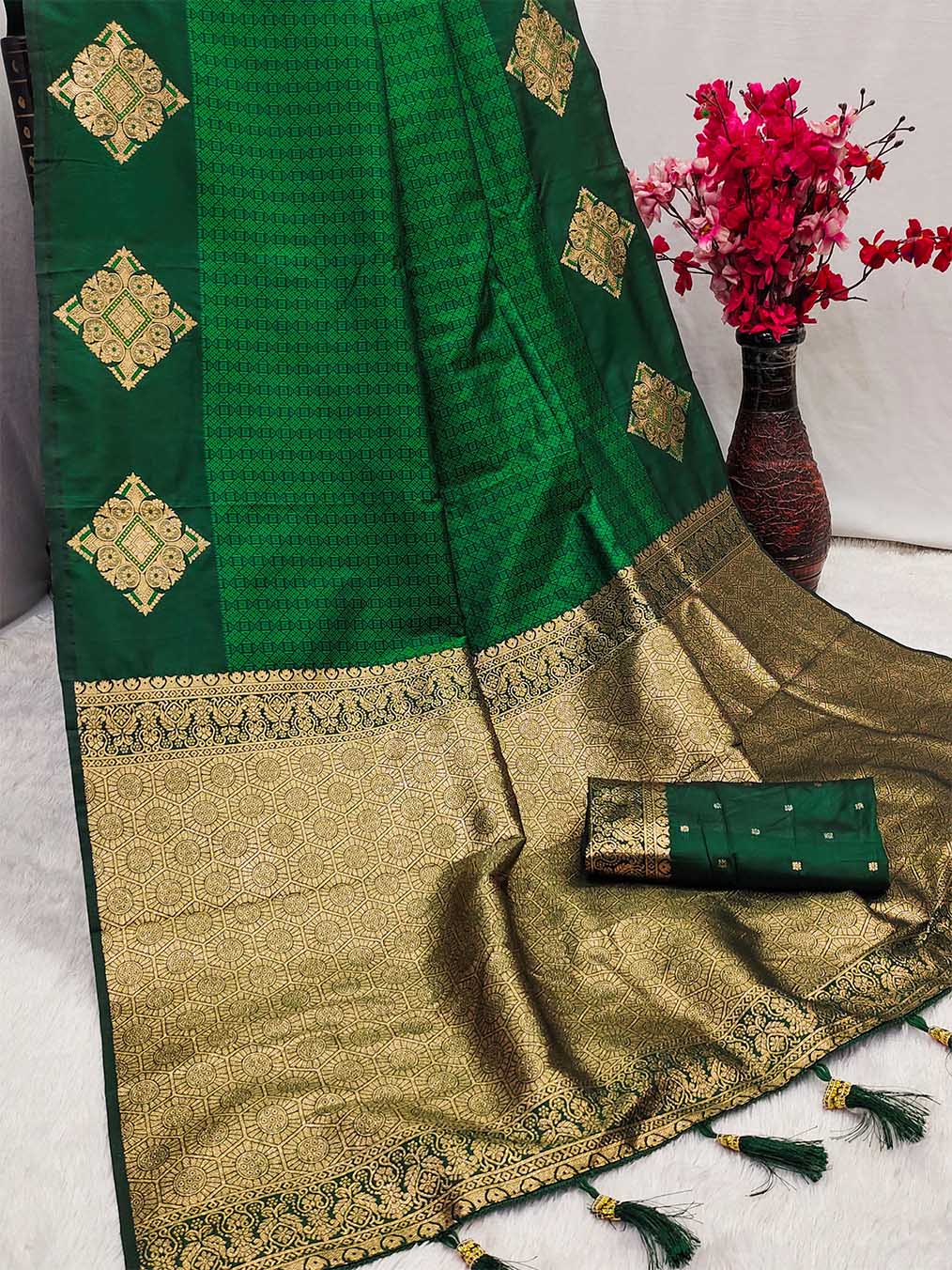 Adorable Dark Green Soft Banarasi Silk Saree With Designer Blouse Piece