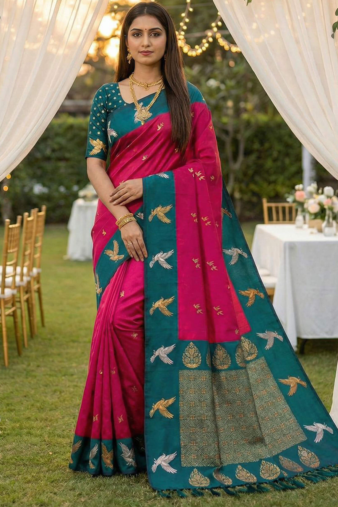 Scrumptious Dark Pink Pure Zari Weaving Banarasi Silk Saree With Glowing Blouse Piece