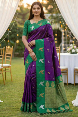Rhapsodic Purple Pure Zari Weaving Banarasi Silk Saree With Ethereal Blouse Piece