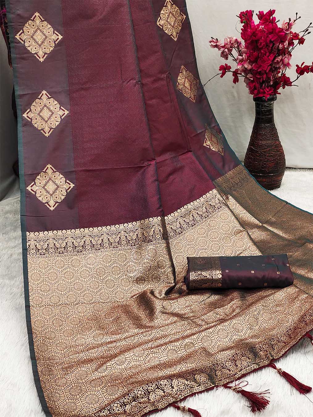 Resplendent Wine Soft Banarasi Silk Saree With Resplendent Blouse Piece