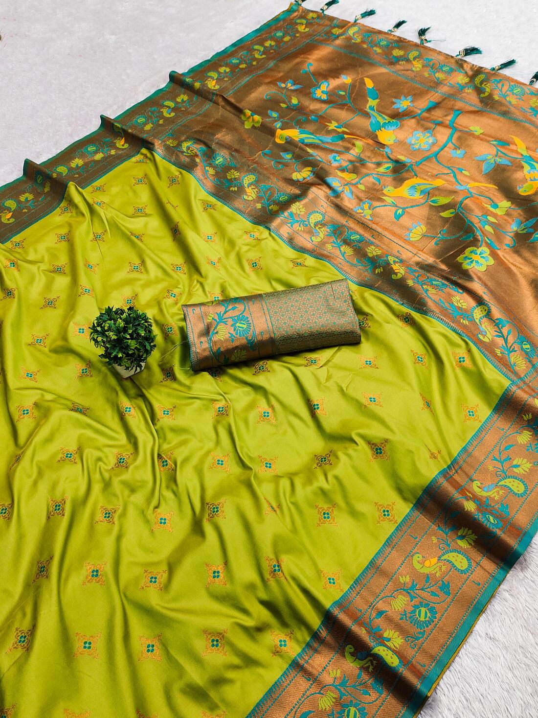 Glorious Mehndi Paithani Silk Saree With Piquant Blouse Piece
