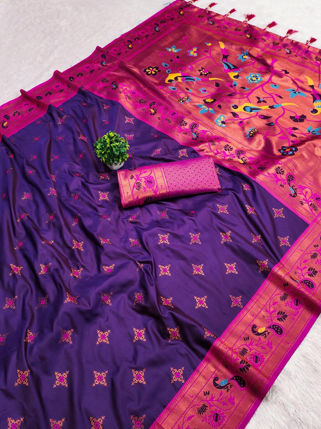 Engrossing Purple Paithani Silk Saree With Magnificat Blouse Piece