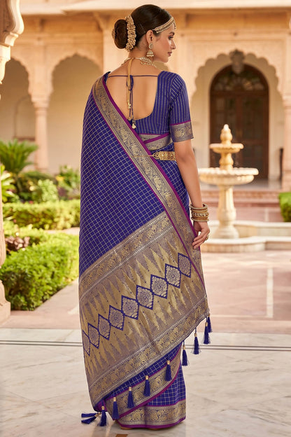 Admirable Royal Blue Pure Zari Weaving Banarasi Silk Saree With Mesmerising Blouse Piece