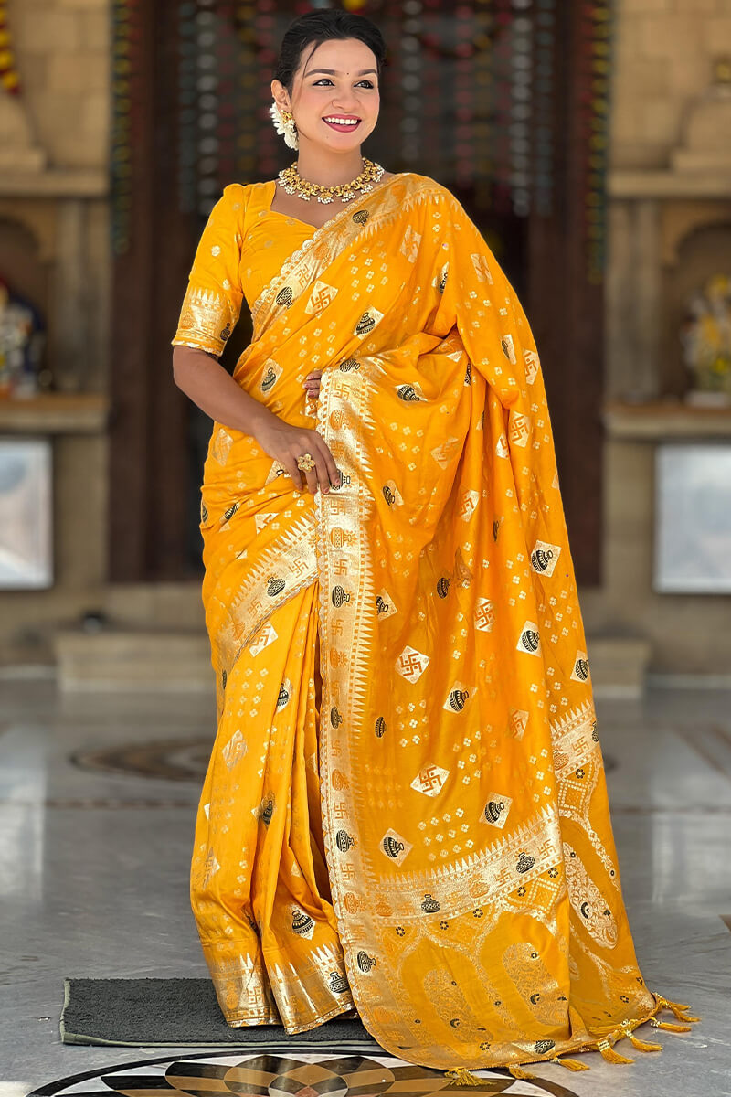 Verdant Yellow Soft Banarasi Silk Saree With Prominent Blouse Piece