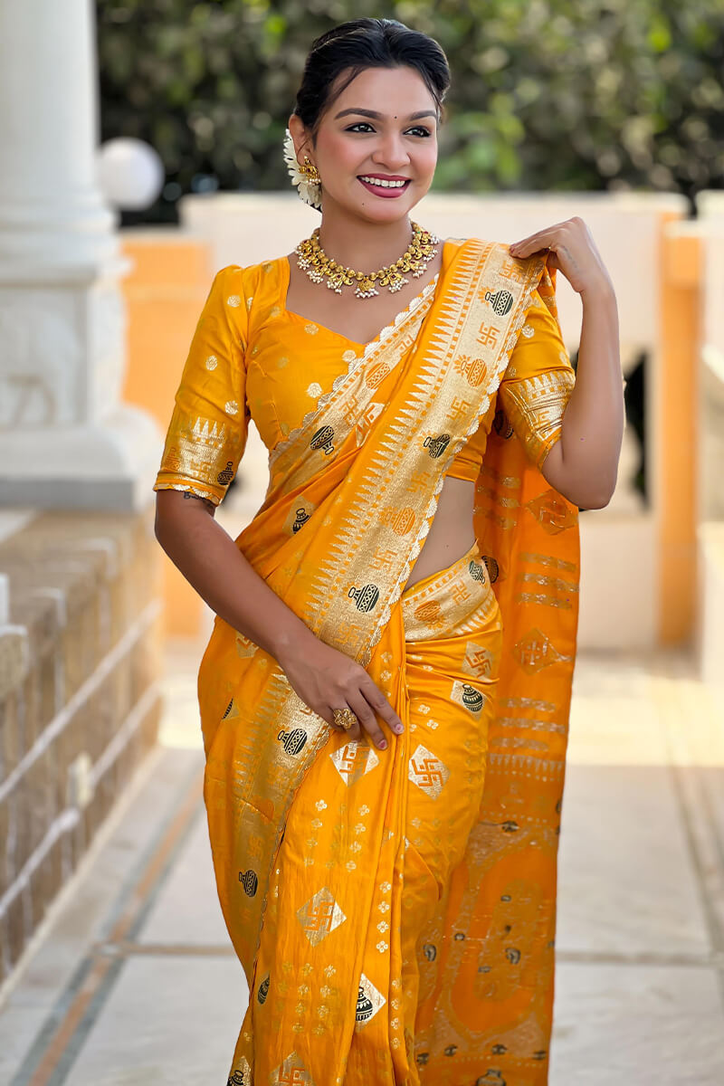 Verdant Yellow Soft Banarasi Silk Saree With Prominent Blouse Piece