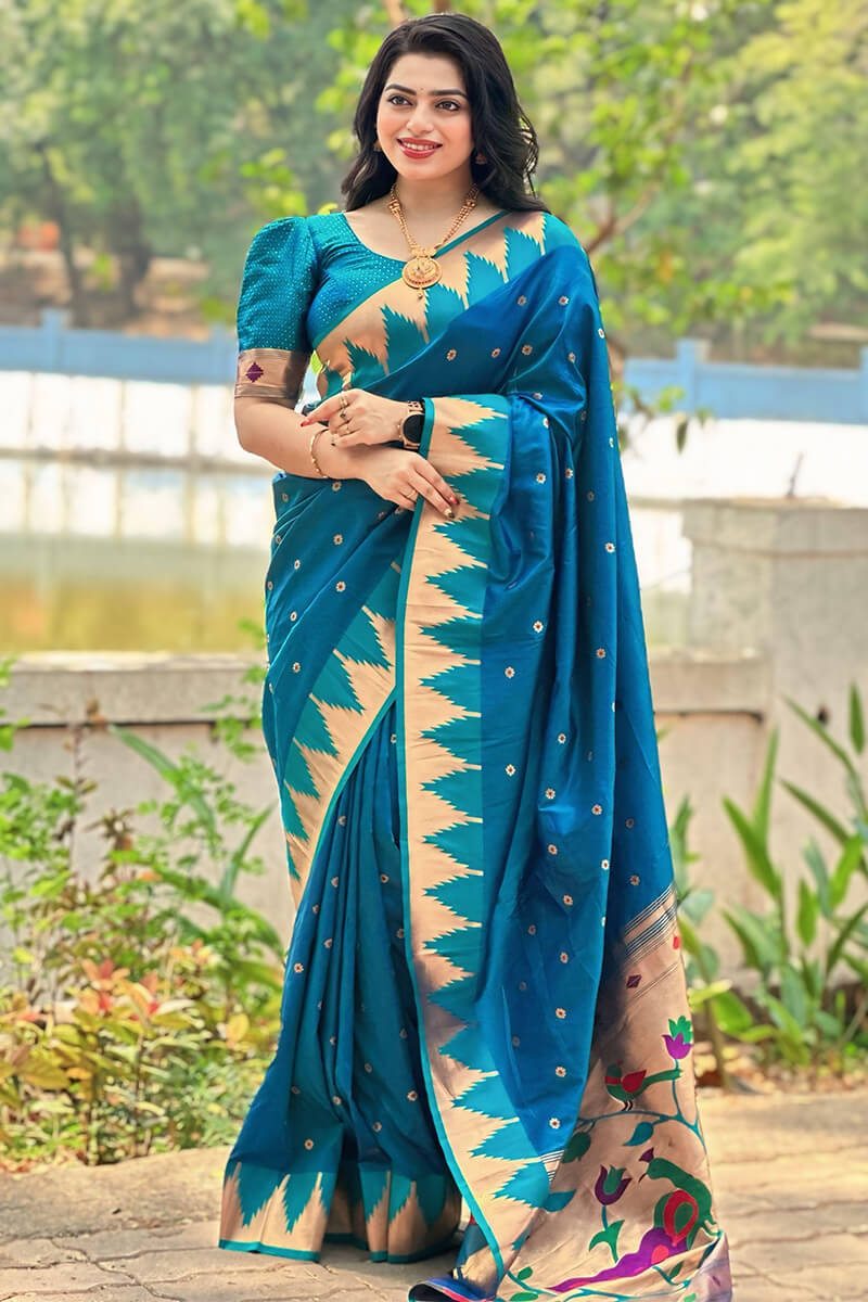 Verdant Firozi Paithani Silk Saree With Girlish Blouse Piece