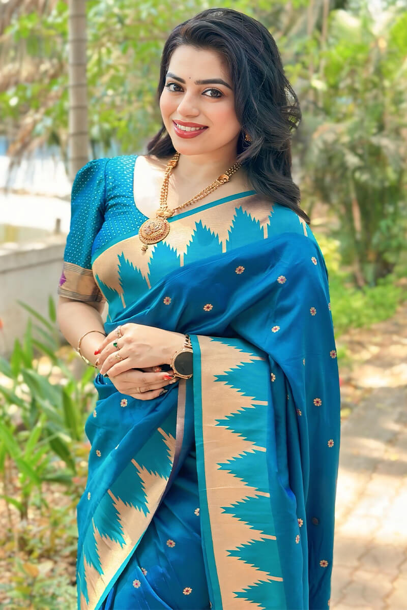 Verdant Firozi Paithani Silk Saree With Girlish Blouse Piece