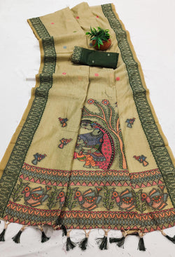 Quintessential Mehndi Pure Munga Cotton Silk Saree With Magnetic Blouse Piece
