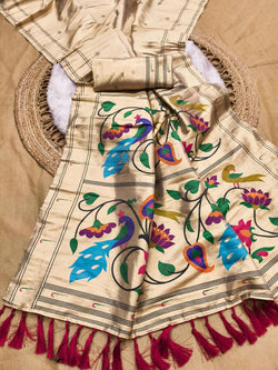 Epiphany Beige Paithani Silk Saree With Skinny Blouse Piece