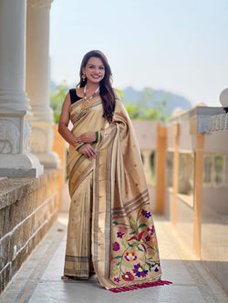 Incomparable Beige Paithani Pure Tissue Silk Saree With Stunner Blouse Piece