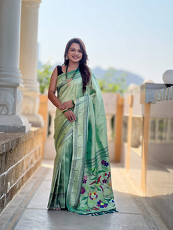 Vibrant Green Paithani Pure Tissue Silk Saree With Piquant Blouse Piece