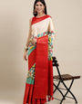 Scintillating Beige Kalamkari Printed Saree With Flameboyant Blouse Piece