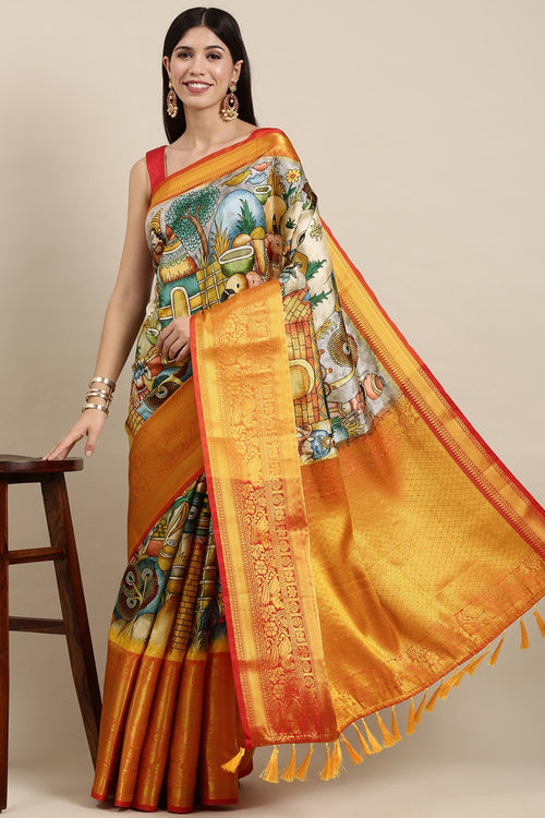 Load image into Gallery viewer, Staring Beige Kalamkari Printed Saree With Stylish Blouse Piece
